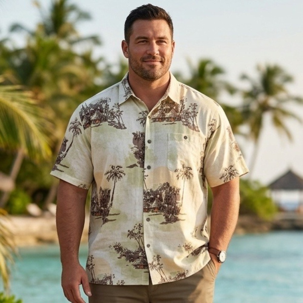 Natural Issue Hawaiian Shirt Mens XL Yellow Brown Beach Palm Trees Cruise